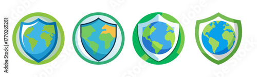 Global security shield with planet earth graphic in four variations