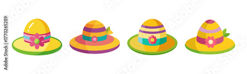 Four fun easter bonnets with ribbons and flowers isolated