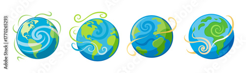 Four earth globes with wind swirls and continents visible