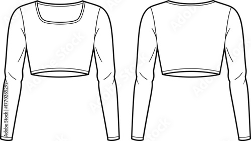 Cropped top fashion flat, scoop neckline, fitted sleeves, above waist hem, technical sketch, long sleeve design, front back view