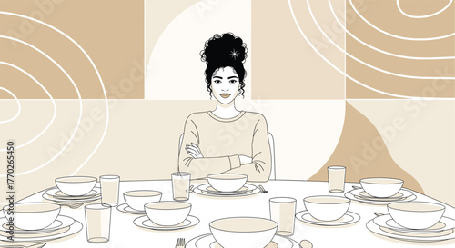 Dining scene, person at table, curly hair, modern kitchen, food setup, bowls and plates, artistic background, domestic life, vector illustration