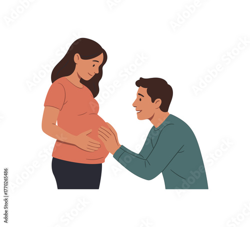 partner talking to baby bump bonding and family connection flat vector illustration style isolated on white background
