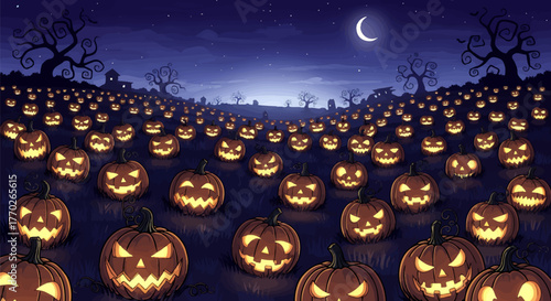 Spooky Halloween Pumpkin Patch at Night Carved Pumpkins under a Full Moon