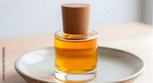 Organic Oil in Wooden Bottle with Natural Ingredients on White Plate for Beauty and Skincare