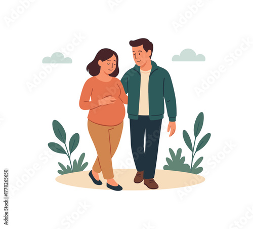 pregnant couple walking outdoor wellness and emotional connection flat vector illustration style isolated on white background