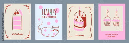 Set of vintage happy birthday greeting cards. Valentine's Day. Hand drawn whimsical frames with cat, cupcake, candle and birthday cake. Template for poster, banner, wedding invitation, birthday card.