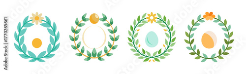 Four watercolor egg wreaths with floral accents isolated