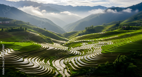 Rice Terraces and Lush Green Fields with Scenic Mountain View for Agricultural and Nature Tourism