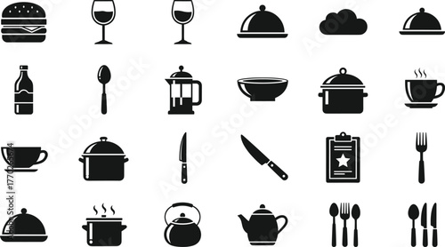 Food and kitchen icons, cooking pot, utensils, wine glass, hamburger, teacup, chef knife, steaming dish, black vector set