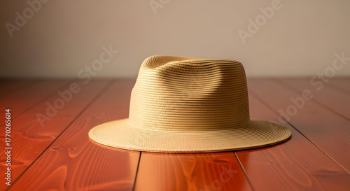 Vintage Straw Hat on Wooden Table for Fashion and Casual Lifestyle Photography