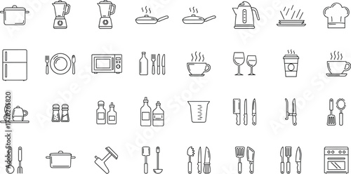 Kitchen icon set, cookware silhouettes, utensils, appliances, chef tools, black vector symbols, culinary items, food prep, cooking gear, restaurant essentials