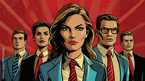 powerful corporate team in suits and ties standing against a red background, symbolizing leadership and unity. Generative ai vector colorful illustration.