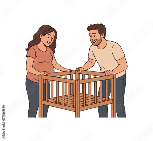 expecting couple assembling crib nesting stage and joyful preparation flat vector illustration style isolated on white background