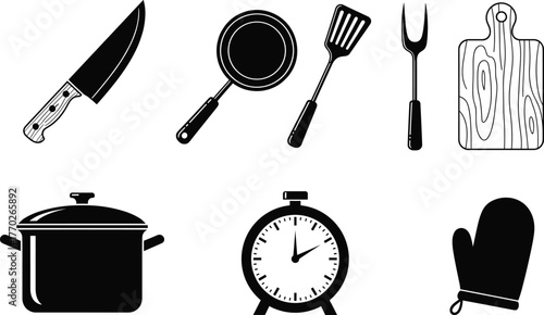 Kitchen tools icons, chef knife, frying pan, spatula, meat fork, cutting board, cooking pot, oven mitt, timer, black vector