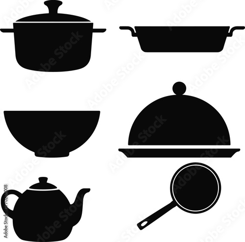 Kitchenware silhouettes, cooking pot, baking dish, mixing bowl, cloche, teapot, frying pan, black icons, culinary tools, vector set