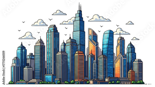 Modern city skyline colorful black outline art with tall buildings, clouds and birds, clean geometric urban vector on white background