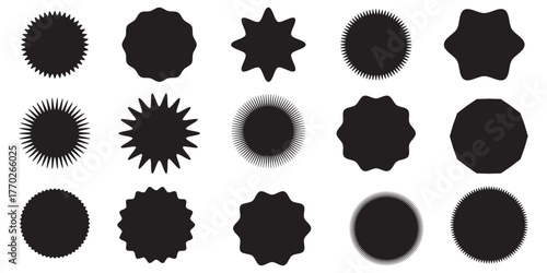 Set of circles with zigzag edges, Sunburst sticker shapes, Rounded starburst zigzag, circle shapes & star shapes offer price tag, discount, sale label, stickers, Star or sunburst silhouettes 