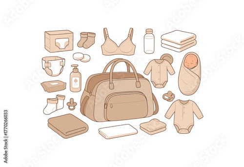 hospital birth bag unpacking postpartum essentials and newborn needs flat vector illustration style isolated on white background