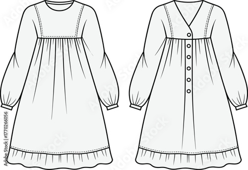 Long sleeve dress fashion flat, gathered bodice, puff sleeves, ruffled hem, button back, technical sketch, front back view, garment construction