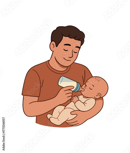 father bottle feeding newborn shared parenting and bonding time flat vector illustration style isolated on white background