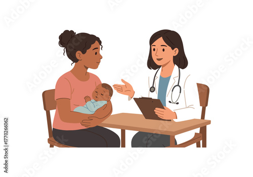 postpartum checkup maternal health and doctor consultation flat vector illustration style isolated on white background