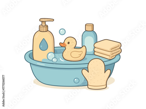baby bath essentials safe washing and newborn care routine flat vector illustration style isolated on white background