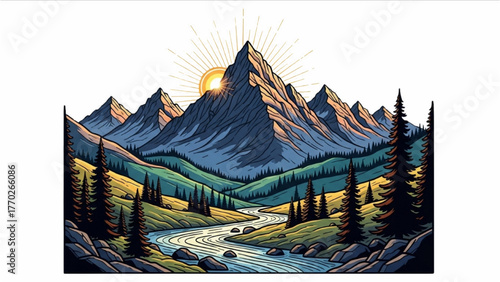 Mountain range sunrise colorful black outline art with trees and river, minimalist landscape vector on white background