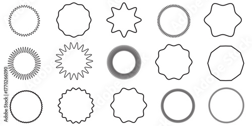Set of circles with zigzag edges, Sunburst sticker shapes, Rounded starburst zigzag, circle shapes & star shapes offer price tag, discount, sale label, stickers, Star or sunburst silhouettes 