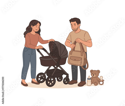 parents preparing stroller for walk baby gear and family readiness flat vector illustration style isolated on white background