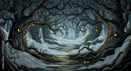 An ancient, dark forest scene with gnarled, watchful trees whose glowing yellow eyes illuminate a mystical, snowy path, evoking a sense of eerie fantasy and hidden secrets