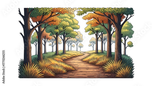 Winding path through tall trees with leaves and grass, colorful black outline realistic art, peaceful natural vector on white background