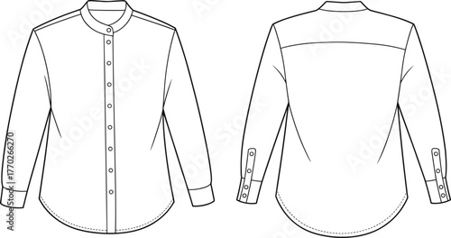 Long sleeve shirt fashion flat, stand collar, button-down front, roll-tab sleeves, curved hem, technical sketch, front back view