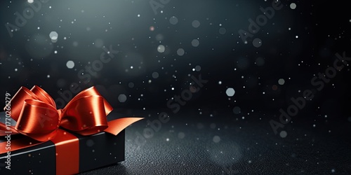 Black christmas box with red ribbon on black background with copy space for text. Christmas or Black Friday concept. Generative Ai