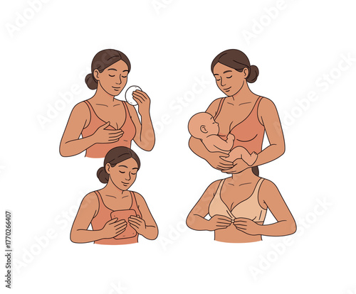 breast care routine comfort and lactation support for new mothers flat vector illustration style isolated on white background
