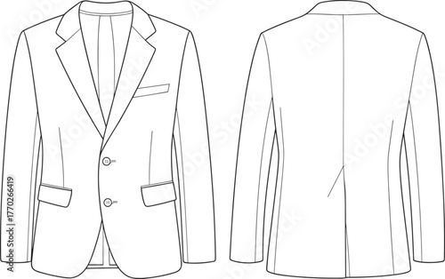 Men’s blazer fashion flat, notched lapel, chest pocket, flap pockets, two-button closure, technical sketch, front back view, tailoring asset