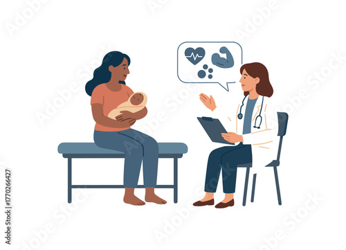 postpartum doctor appointment physical recovery and health guidance flat vector illustration style isolated on white background