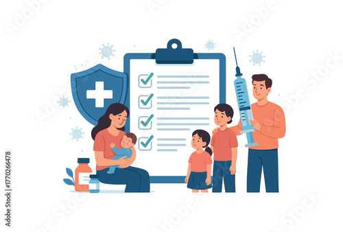 family vaccination schedule preventive healthcare and immunity support flat vector illustration style isolated on white background