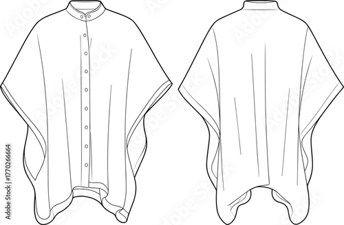 Poncho outerwear fashion flat, asymmetrical hem, button front, high neckline, wide sleeves, technical sketch, front back view, garment construction