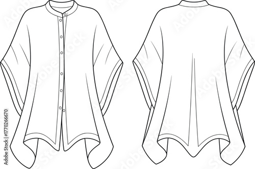 Poncho top fashion flat, button front, rounded collar, asymmetrical hem, wide sleeves, technical sketch, front back view, garment construction