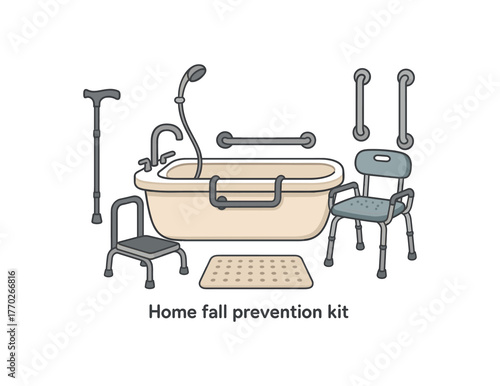 home fall prevention kit elderly safety and accessibility flat vector illustration style isolated on white background