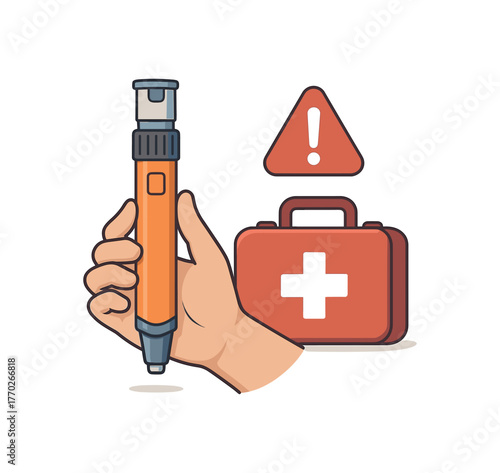 allergy emergency epinephrine auto injector safety and quick response flat vector illustration style isolated on white background