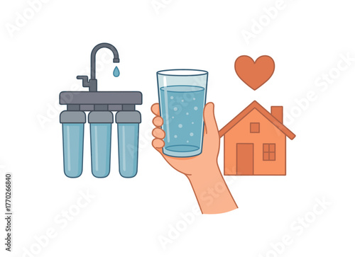 water filter system safe drinking water and home health flat vector illustration style isolated on white background