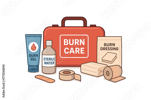 burn care kit emergency response and home first aid supplies flat vector illustration style isolated on white background
