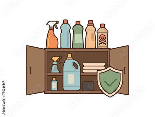 safe cleaning product storage poison prevention and home protection flat vector illustration style isolated on white background