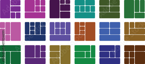 Colorful geometric bento grid layouts with rounded corners A collection of trendy geometric layout templates featuring rounded corners and vibrant colors, perfect for photo collages and design project