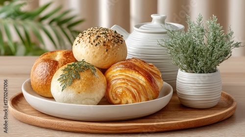 Artfully Arranged Assortment of Golden Brown Baked Bread Rolls and Pastries Topped with Seeds and Herbs Presented on a White Plate with a White Teapot and Green Plant Accents