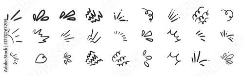 Hand drawn of shine sunburst sparkle ray With illustration style doodle and line art. Doodle line rays. sparkle, flash, icon, burst, comic, explosion, expressive, fireworks, ray, shine, visual, comic,