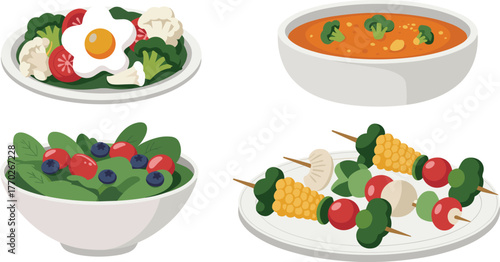 Healthy vegetarian food illustration, vegetable salad, berry bowl, soup dish, grilled skewers, organic meal, balanced diet, nutrition concept, vector set
