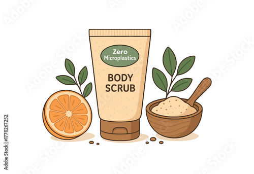 zero microplastics body scrub natural skincare and clean beauty flat vector illustration style isolated on white background