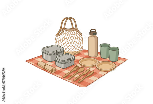 zero waste picnic set reusable tableware and outdoor sustainability flat vector illustration style isolated on white background